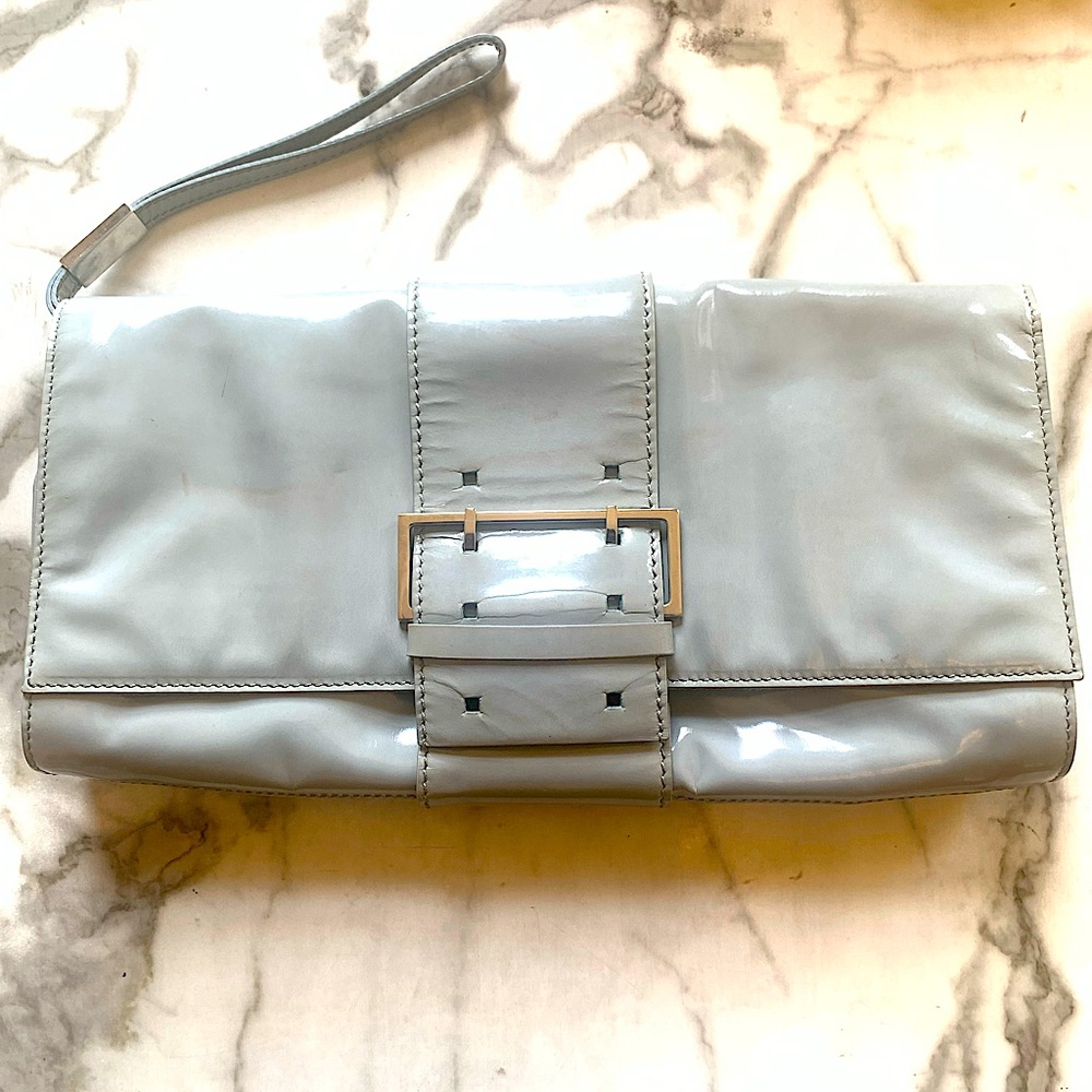 MICHAEL TEPERSON ITALY 100% Patent Leather Clutch-Celedon Grey-RARE FIND! READ!